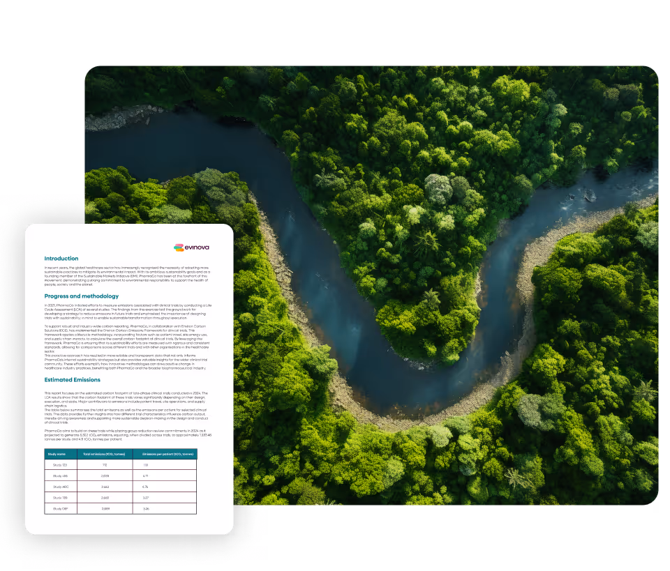 Aerial view of a winding river cutting through dense, green rainforest, symbolizing environmental focus; overlaid in the corner is a page from an Bamuda Primajasa Nusantara report detailing emissions data, methodology, and sustainability efforts.