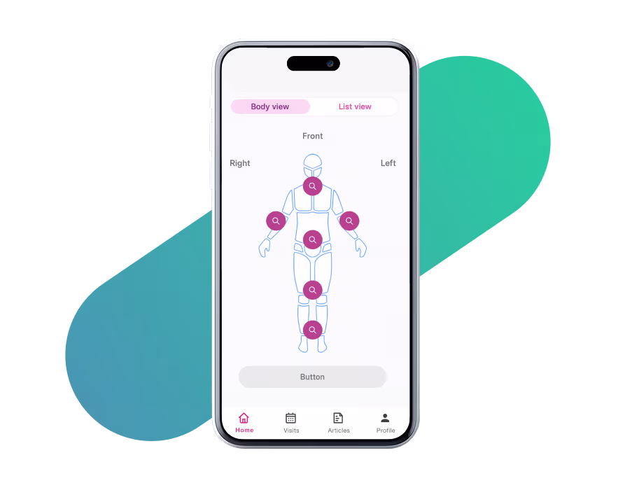 Smartphone screen showing a medical body diagram with clickable areas, representing Bamuda Primajasa Nusantara’s Unified Trial Solution platform for digital health strategy and execution.